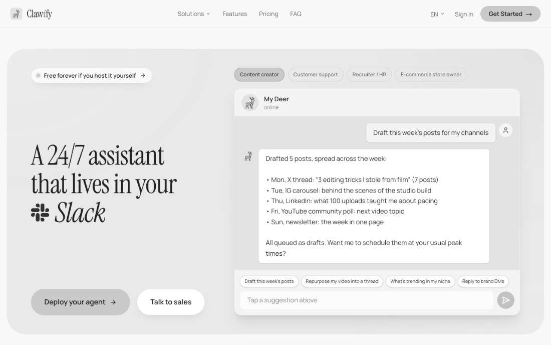 The Clawify homepage: A 24/7 assistant that lives in your Slack, beside a demo chat where the assistant drafts a week of social posts